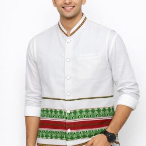 Traditional Adivasi White Red Tribal Jacket for Men | Ethnic Nehru Waistcoat | Bandi T-Shirt for Men